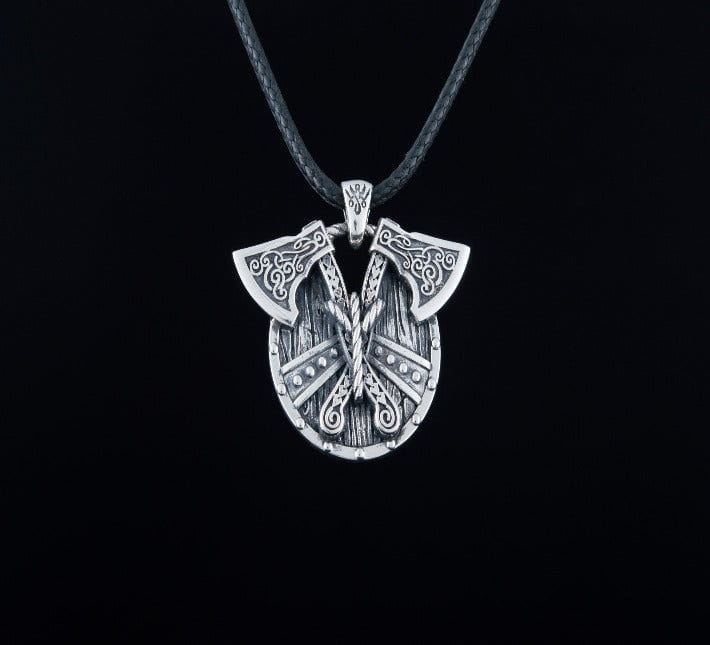 Norse Shield with Axes Pendant Sterling Silver Viking Jewelry-5