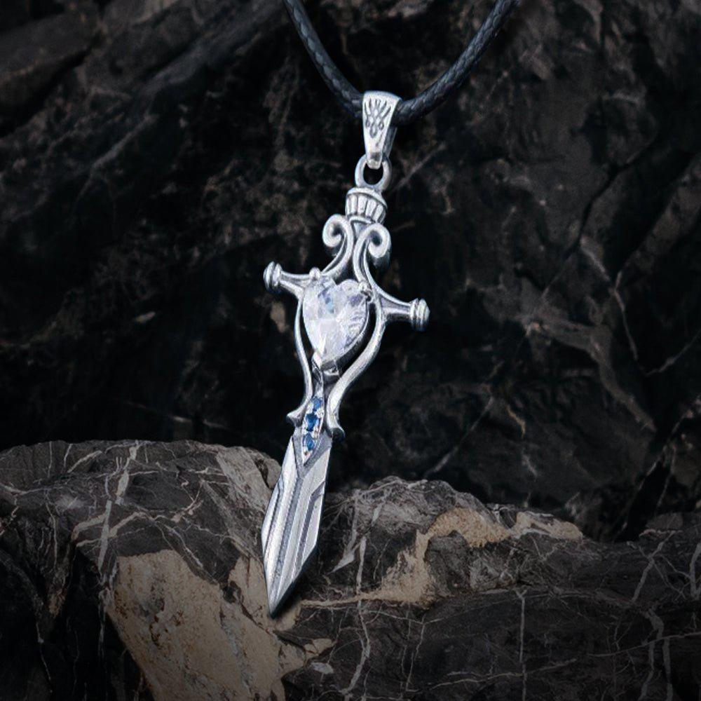 Norse Sword with Cubic Zirconia Pendant Sterling Silver Handmade Jewelry-1