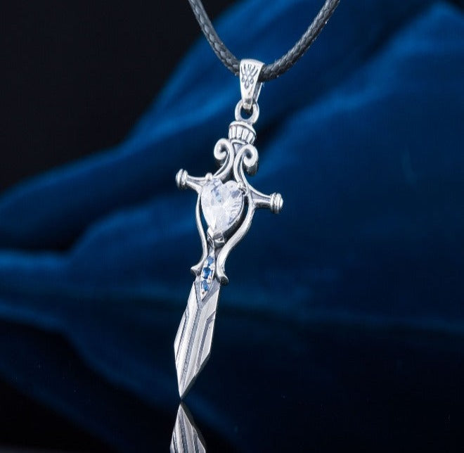 Norse Sword with Cubic Zirconia Pendant Sterling Silver Handmade Jewelry-2