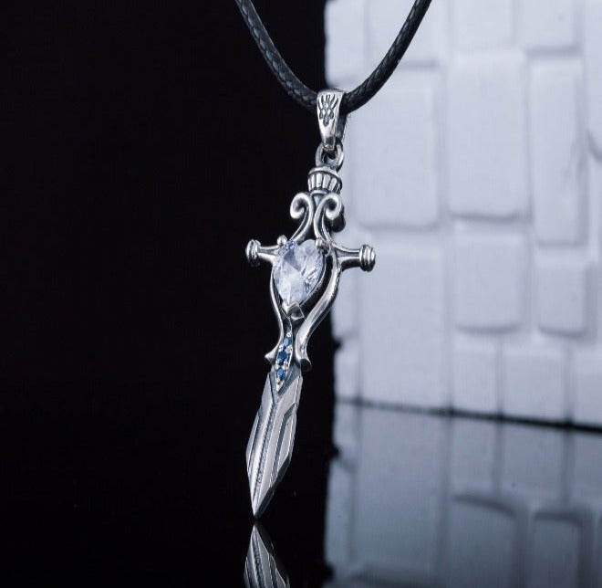 Norse Sword with Cubic Zirconia Pendant Sterling Silver Handmade Jewelry-3