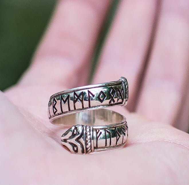 Ouroboros Ring with Elder Futhark Runes Sterling Silver Handmade Viking Jewelry-2