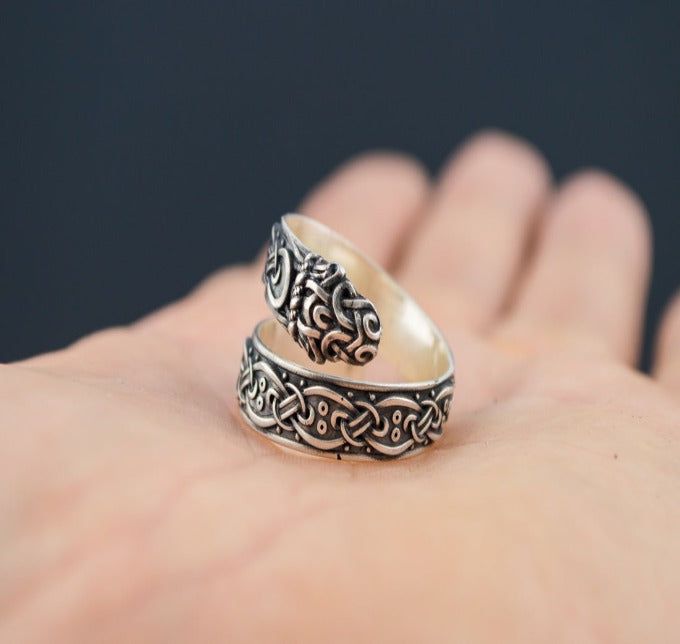 Ouroboros Ring with Viking Ornament Sterling Silver Norse Jewelry-3