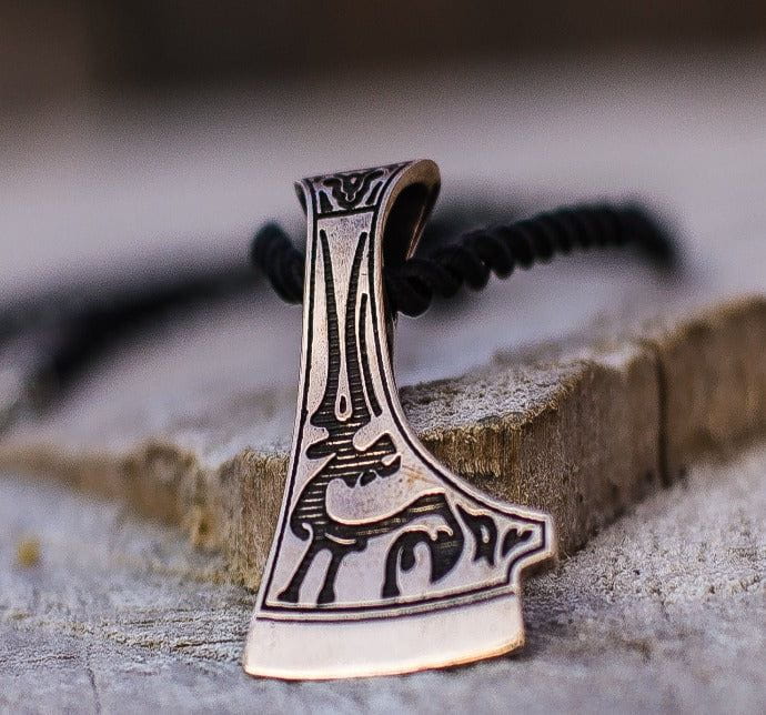 Perun&#39;s Axe Bronze Pendant with Deer Ornament-4
