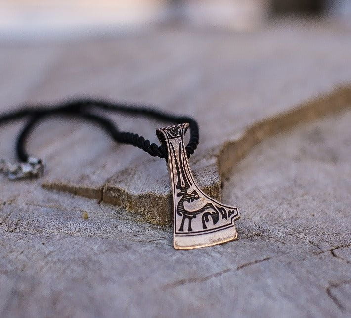 Perun&#39;s Axe Bronze Pendant with Deer Ornament-5