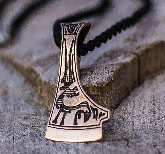 Perun&#39;s Axe Bronze Pendant with Deer Ornament-6