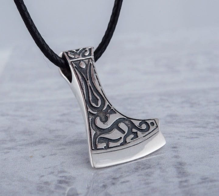 Perun&#39;s Axe Sterling Silver Pendant with Deer Ornament Reconstruction-3