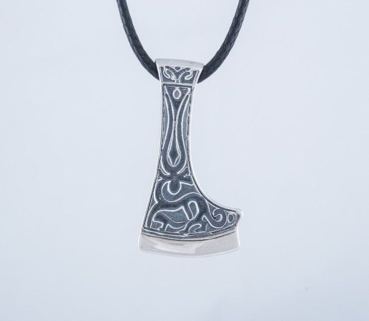Perun&#39;s Axe Sterling Silver Pendant with Deer Ornament Reconstruction-4