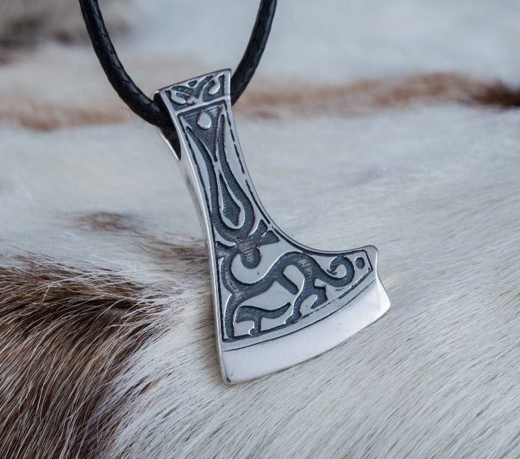 Perun&#39;s Axe Sterling Silver Pendant with Deer Ornament Reconstruction-5