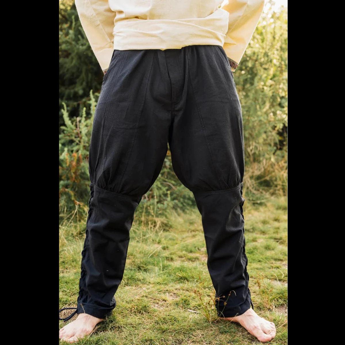 premium black viking pant in cotton with leg lacing 