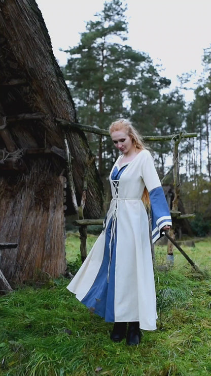 Viking Dress - Long Sleeves in Natural and Blue with Lacing