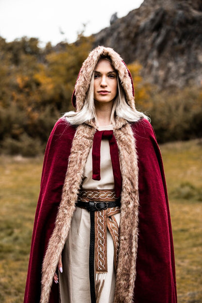 Red Viking Cloak | Hooded with Faux Fur Trim