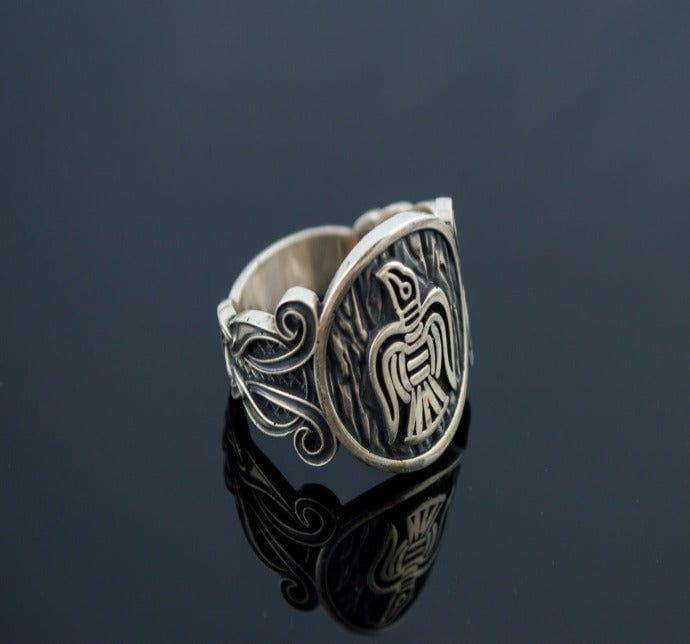 Raven Ring with Viking Ornament Sterling Silver Norse Jewelry-1