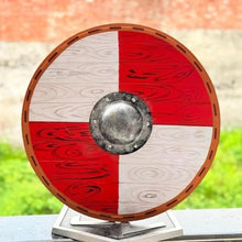 Red and white quartered Viking shield with steel boss, wooden texture, and stitched brown leather rim.