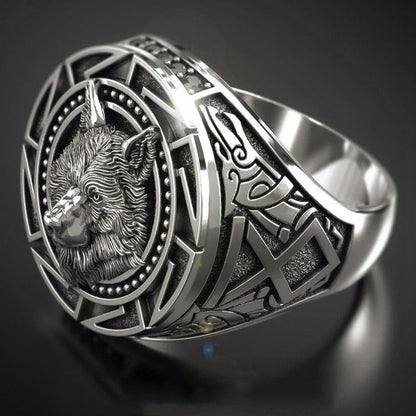 Retro Viking Wolf Head Totem Ring-3