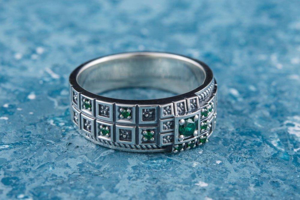Ring with Green CZ and Ornament Sterling Silver Fashion Jewelry-5