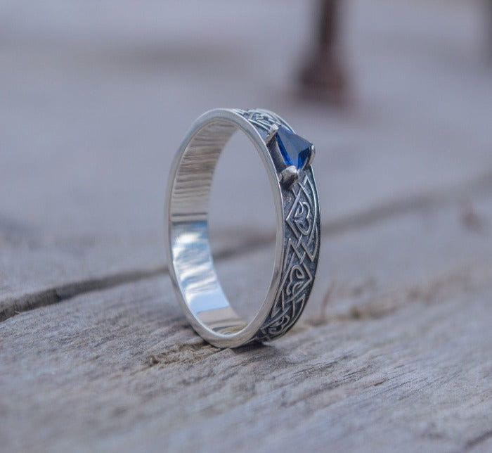 Ring with Norse Ornament and Cubic Zirconia Sterling Silver Viking Jewelry-4