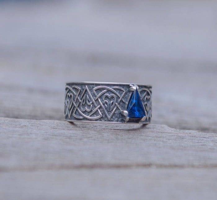 Ring with Norse Ornament and Cubic Zirconia Sterling Silver Viking Jewelry-5