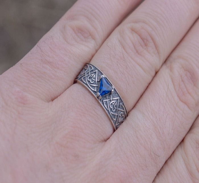 Ring with Norse Ornament and Cubic Zirconia Sterling Silver Viking Jewelry-6