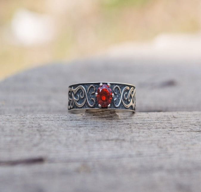 Ring with Norse Ornament and Red Cubic Zirconia Sterling Silver Handmade Jewelry-1