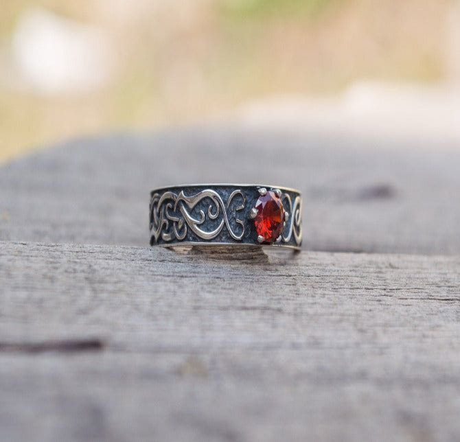 Ring with Norse Ornament and Red Cubic Zirconia Sterling Silver Handmade Jewelry-2