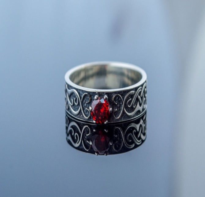 Ring with Norse Ornament and Red Cubic Zirconia Sterling Silver Handmade Jewelry-3