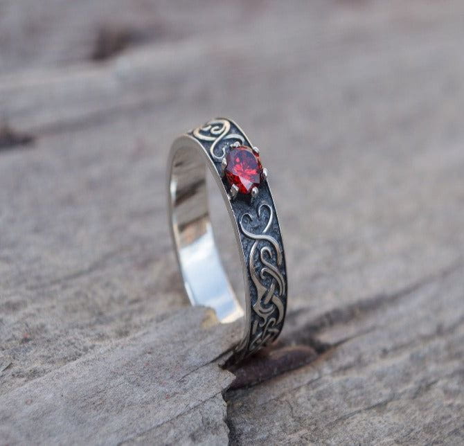 Ring with Norse Ornament and Red Cubic Zirconia Sterling Silver Handmade Jewelry-4