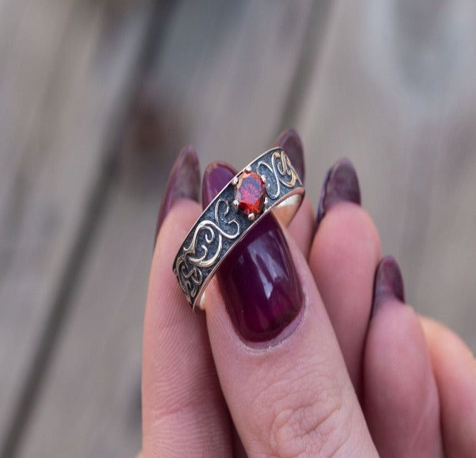 Ring with Norse Ornament and Red Cubic Zirconia Sterling Silver Handmade Jewelry-5
