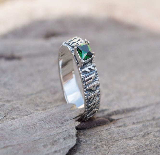 Ring with Norse Runes and Green Cubic Zirconia Sterling Silver Handmade Jewelry-1