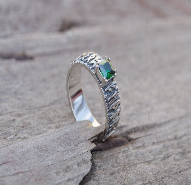 Ring with Norse Runes and Green Cubic Zirconia Sterling Silver Handmade Jewelry-2
