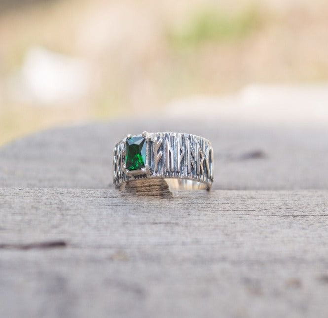 Ring with Norse Runes and Green Cubic Zirconia Sterling Silver Handmade Jewelry-3
