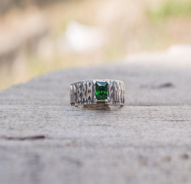 Ring with Norse Runes and Green Cubic Zirconia Sterling Silver Handmade Jewelry-4