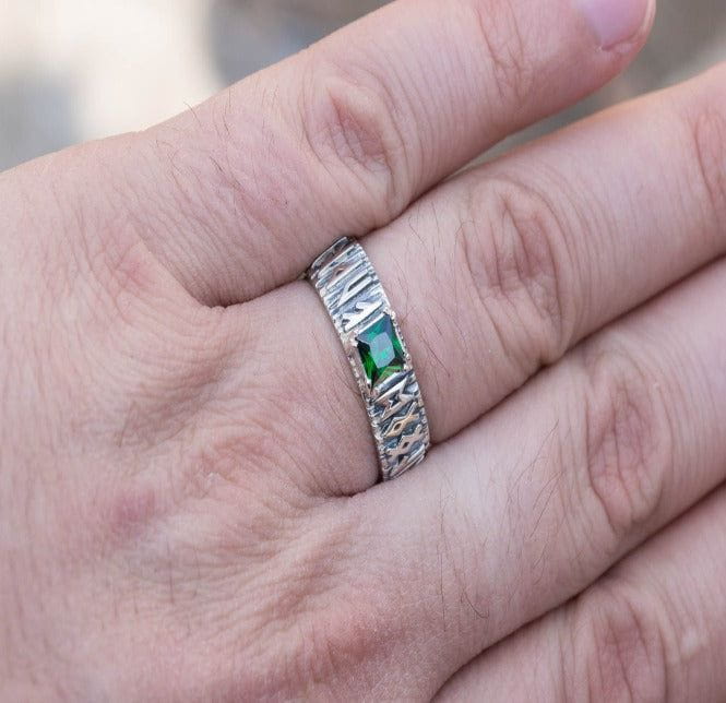 Ring with Norse Runes and Green Cubic Zirconia Sterling Silver Handmade Jewelry-6