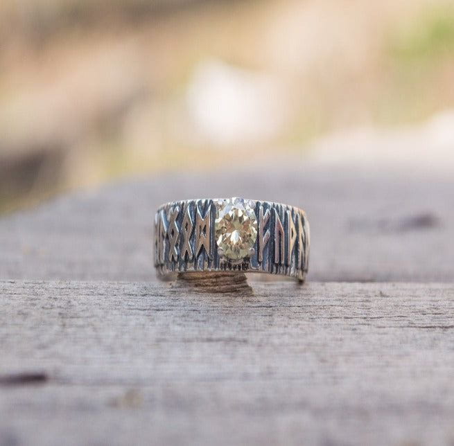 Ring with Norse Runes and Yellow Cubic Zirconia Sterling Silver Handmade Jewelry-1