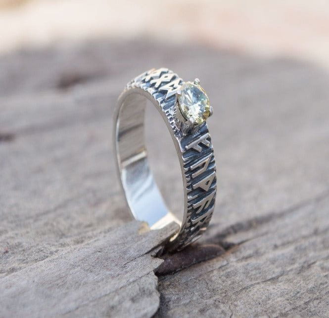 Ring with Norse Runes and Yellow Cubic Zirconia Sterling Silver Handmade Jewelry-2