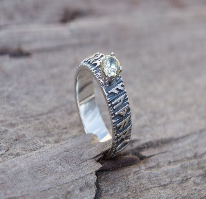 Ring with Norse Runes and Yellow Cubic Zirconia Sterling Silver Handmade Jewelry-3