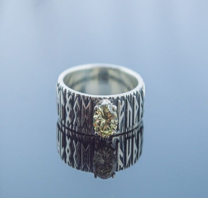 Ring with Norse Runes and Yellow Cubic Zirconia Sterling Silver Handmade Jewelry-4