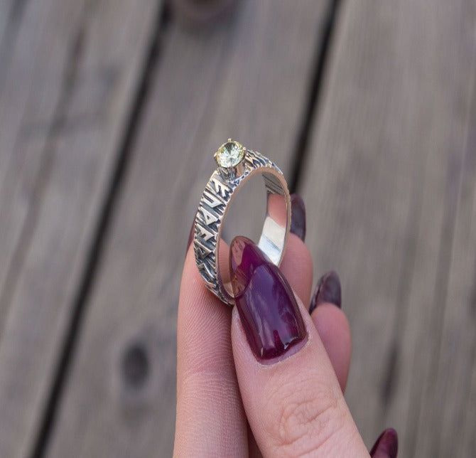 Ring with Norse Runes and Yellow Cubic Zirconia Sterling Silver Handmade Jewelry-5