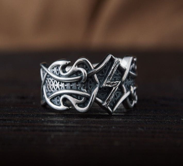 Ring with Sowelu Rune and Norse Ornament Sterling Silver Viking Jewelry-2