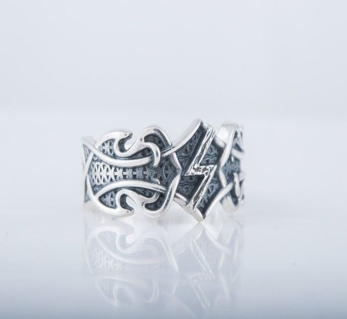 Ring with Sowelu Rune and Norse Ornament Sterling Silver Viking Jewelry-3