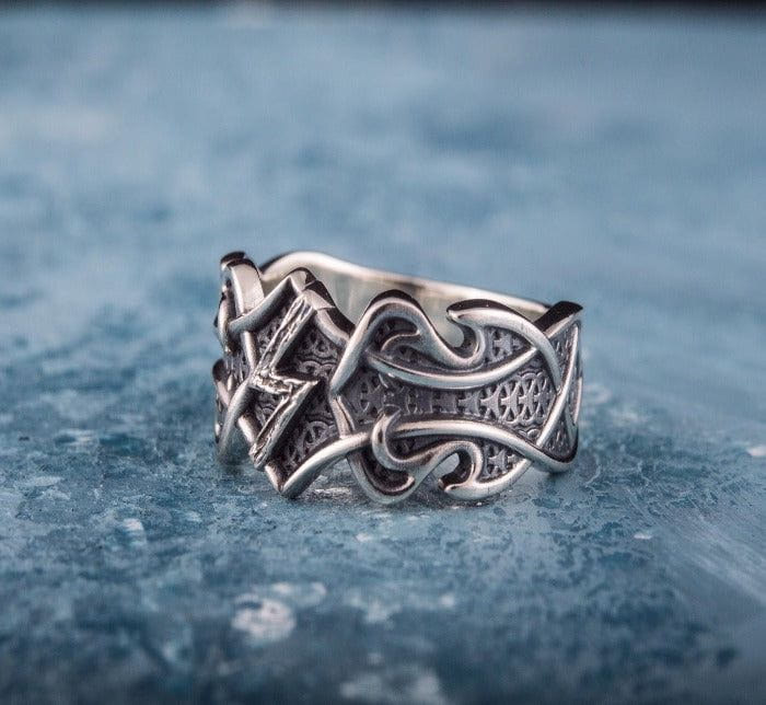 Ring with Sowelu Rune and Norse Ornament Sterling Silver Viking Jewelry-4
