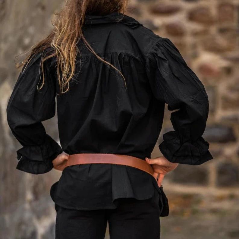 Long Sleeve Black Lace-Up Shirt | Ruffled Neckline with Wooden Button