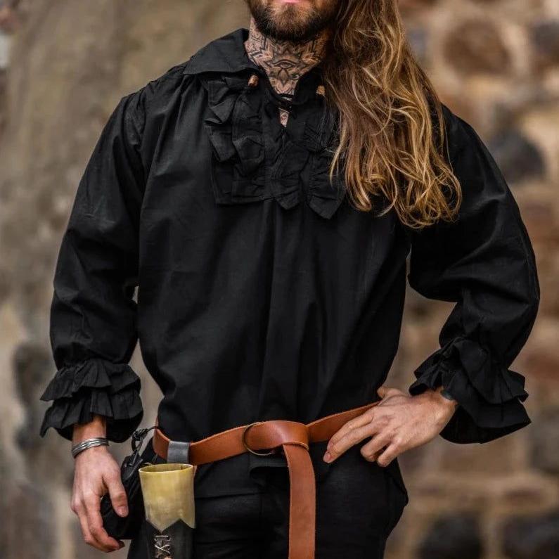 Long Sleeve Black Lace-Up Shirt | Ruffled Neckline with Wooden Button