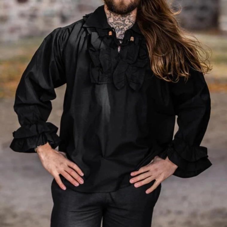Long Sleeve Black Lace-Up Shirt | Ruffled Neckline with Wooden Button