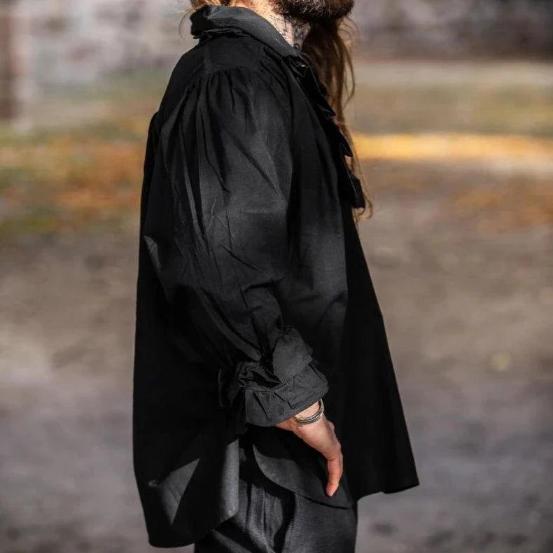 Long Sleeve Black Lace-Up Shirt | Ruffled Neckline with Wooden Button