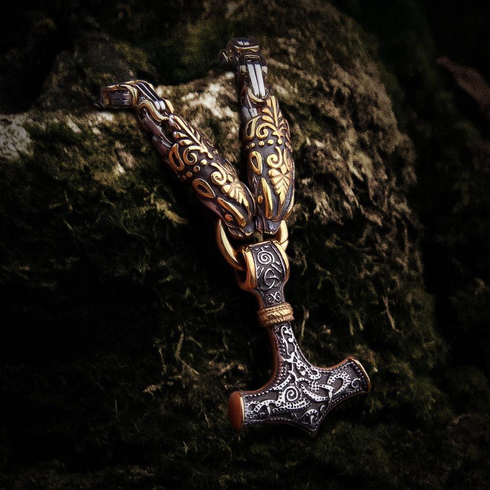 Serpent Mjolnir King’s Chain in Gold & Steel.-1