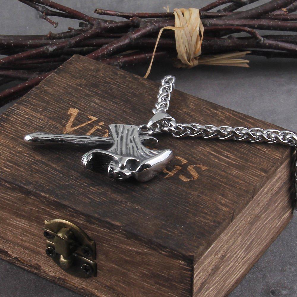 Silver Skull Axe Pendant Viking Necklace-3