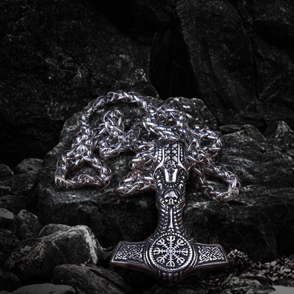 Skull Thor's Hammer Mjolnir with Helm of Awe Seal Pendant Necklace