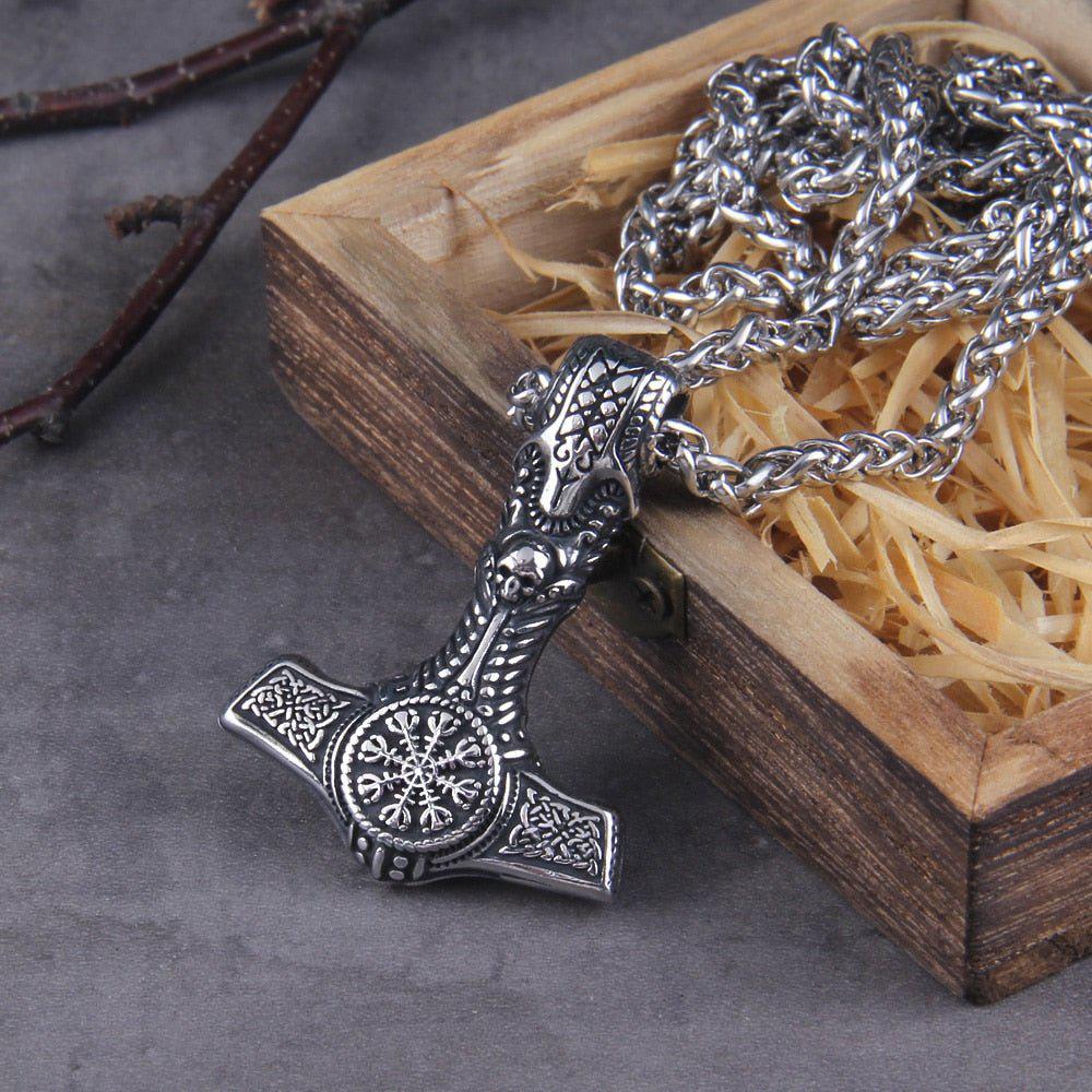 Skull Thor&#39;s Hammer Mjolnir with Helm of Awe Seal Pendant Necklace
