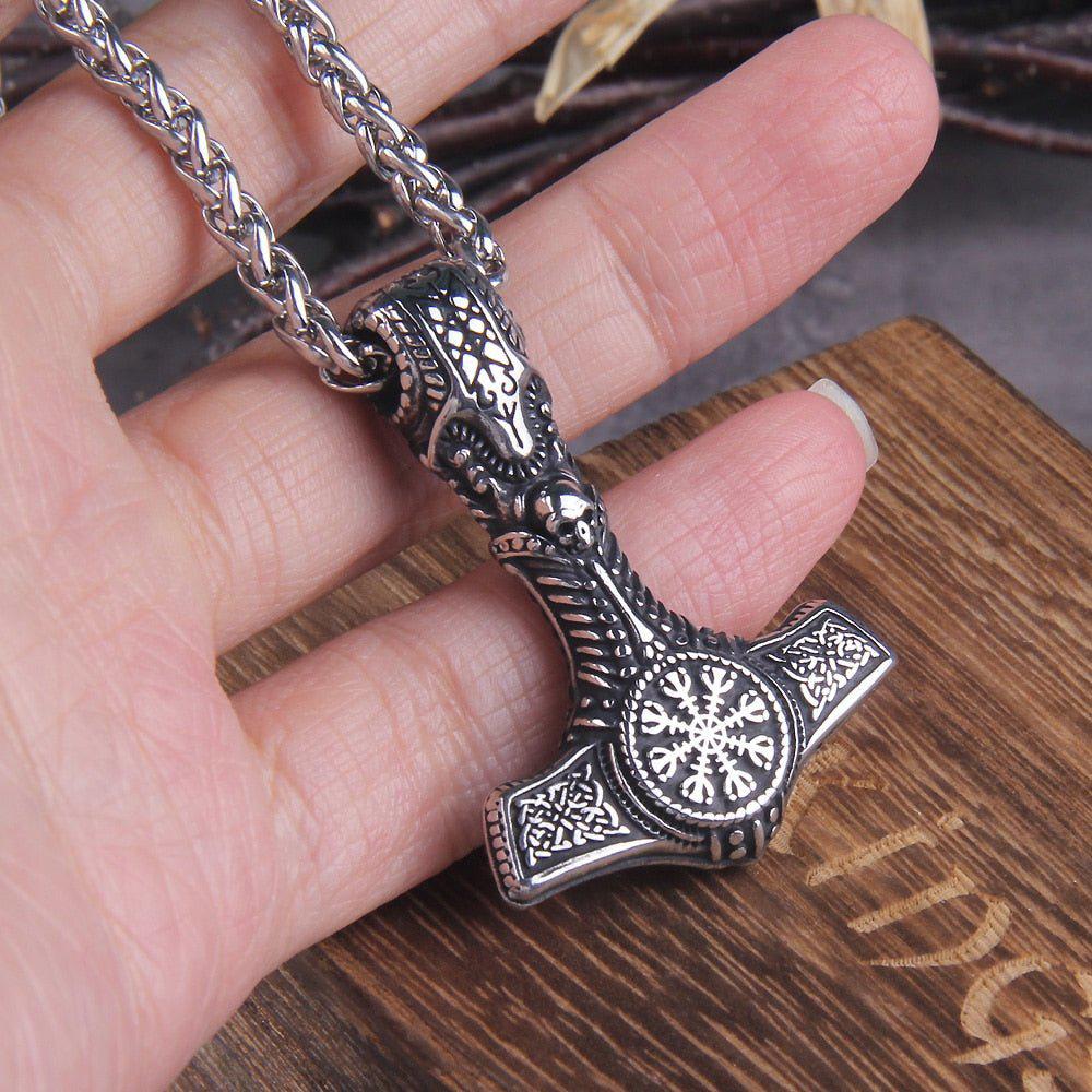 Skull Thor&#39;s Hammer Mjolnir with Helm of Awe Seal Pendant Necklace