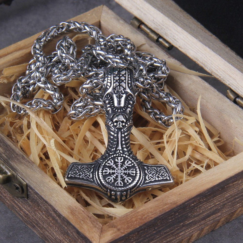 Skull Thor's Hammer Mjolnir with Helm of Awe Seal Pendant Necklace